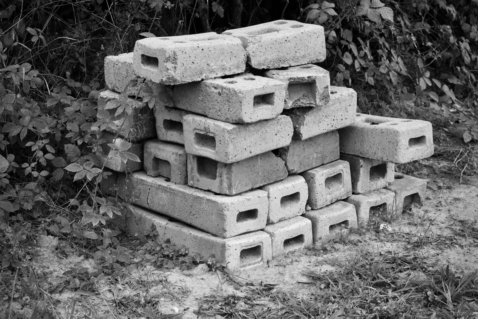 Un tas de blocs de béton creux posés dans l’herbe, en noir et blanc.